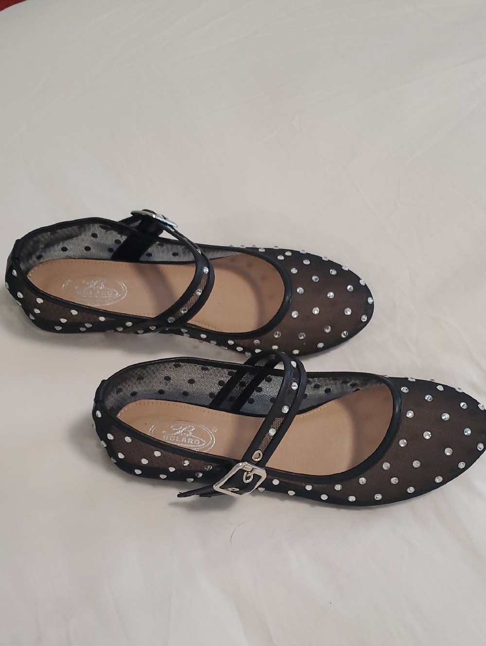 Bolaro Women's Black Polka Dot Mary Jane Flats with Rhinestones